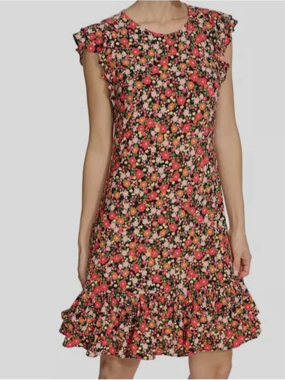 Tommy Hilfiger Black Floral Ruffle Shift Dress with Coral Accents